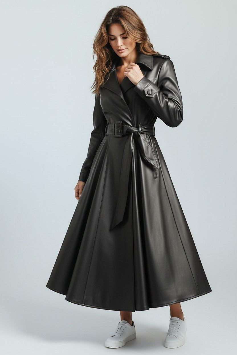 Scarlett Stitch black faux leather belted full skirt trench coat with wide lapels and double-breasted front.