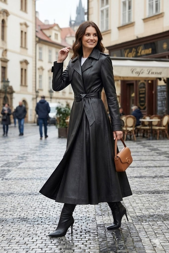 Scarlett Stitch black faux leather belted full skirt trench coat with wide lapels and a matching belt.