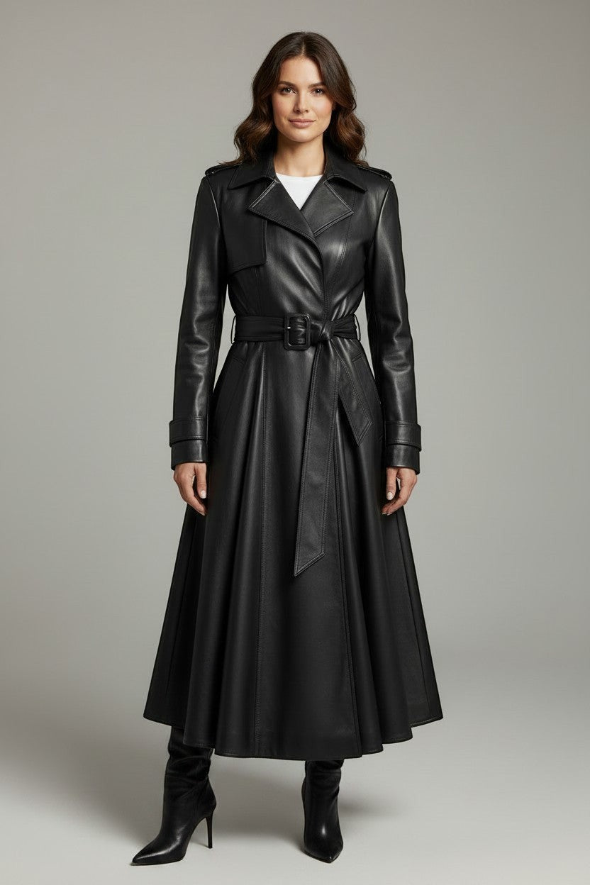 Scarlett Stitch black faux leather belted full skirt trench coat with wide lapels and double-breasted front.