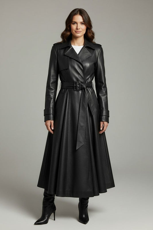 Scarlett Stitch black faux leather belted full skirt trench coat with wide lapels and double-breasted front.