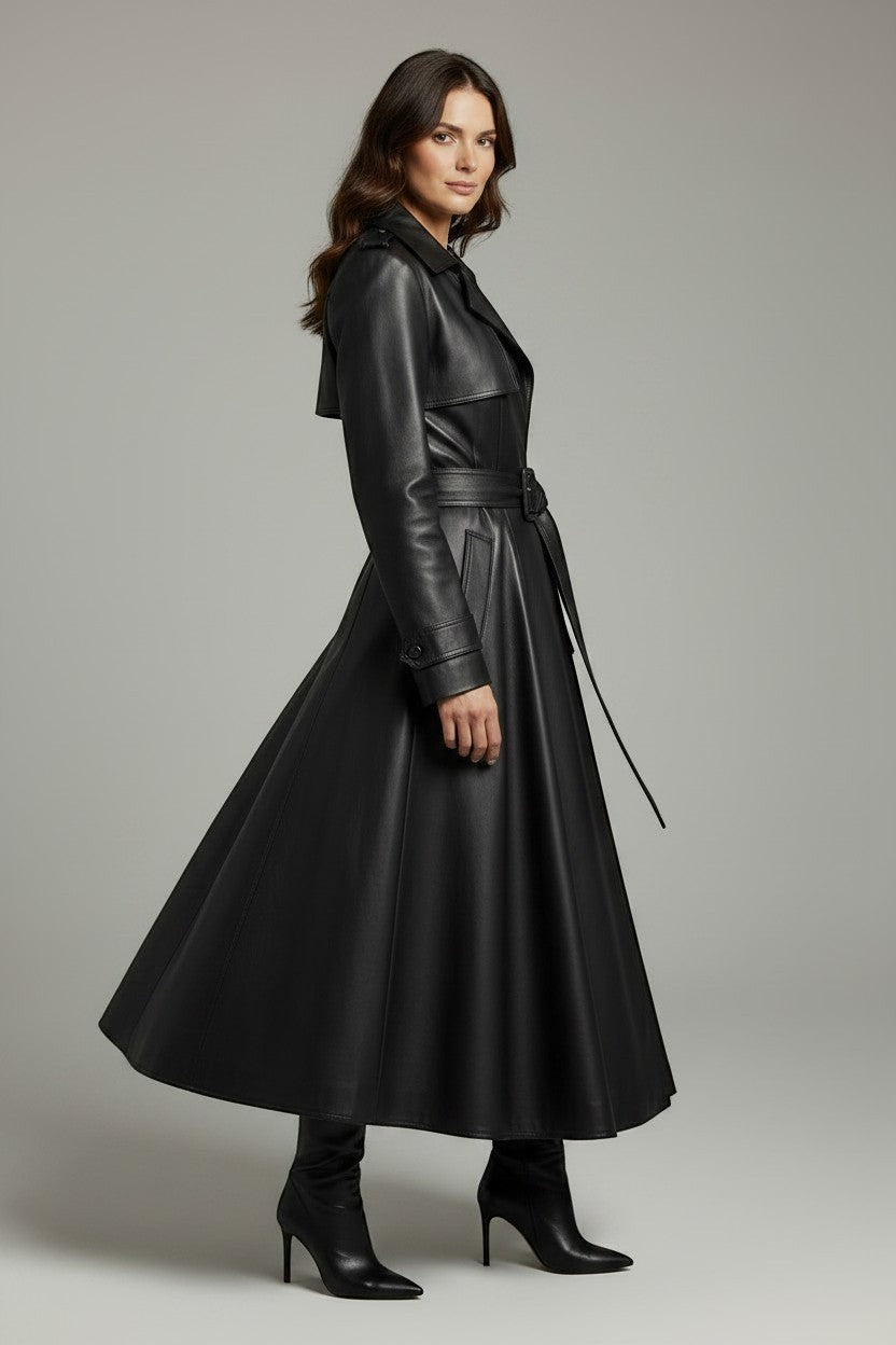 Scarlett Stitch black faux leather belted full skirt trench coat with wide lapels and button detailing.
