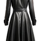 Scarlett Stitch black faux leather belted full skirt trench coat with a cinched waist and dramatic flowing skirt.