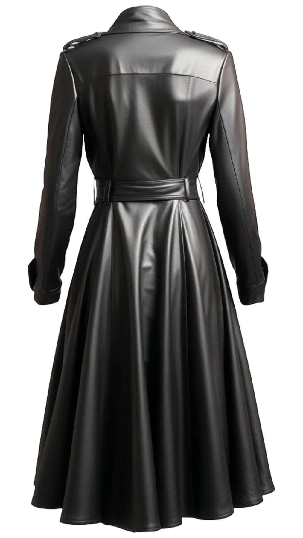Scarlett Stitch black faux leather belted full skirt trench coat with a cinched waist and dramatic flowing skirt.