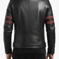 Scarlett Stitch men's black leather biker jacket with red sleeve stripes, back view showing tailored fit and zip cuffs.