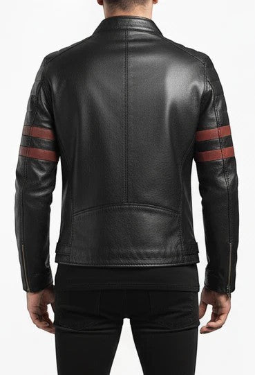 Scarlett Stitch men's black leather biker jacket with red sleeve stripes, back view showing tailored fit and zip cuffs.
