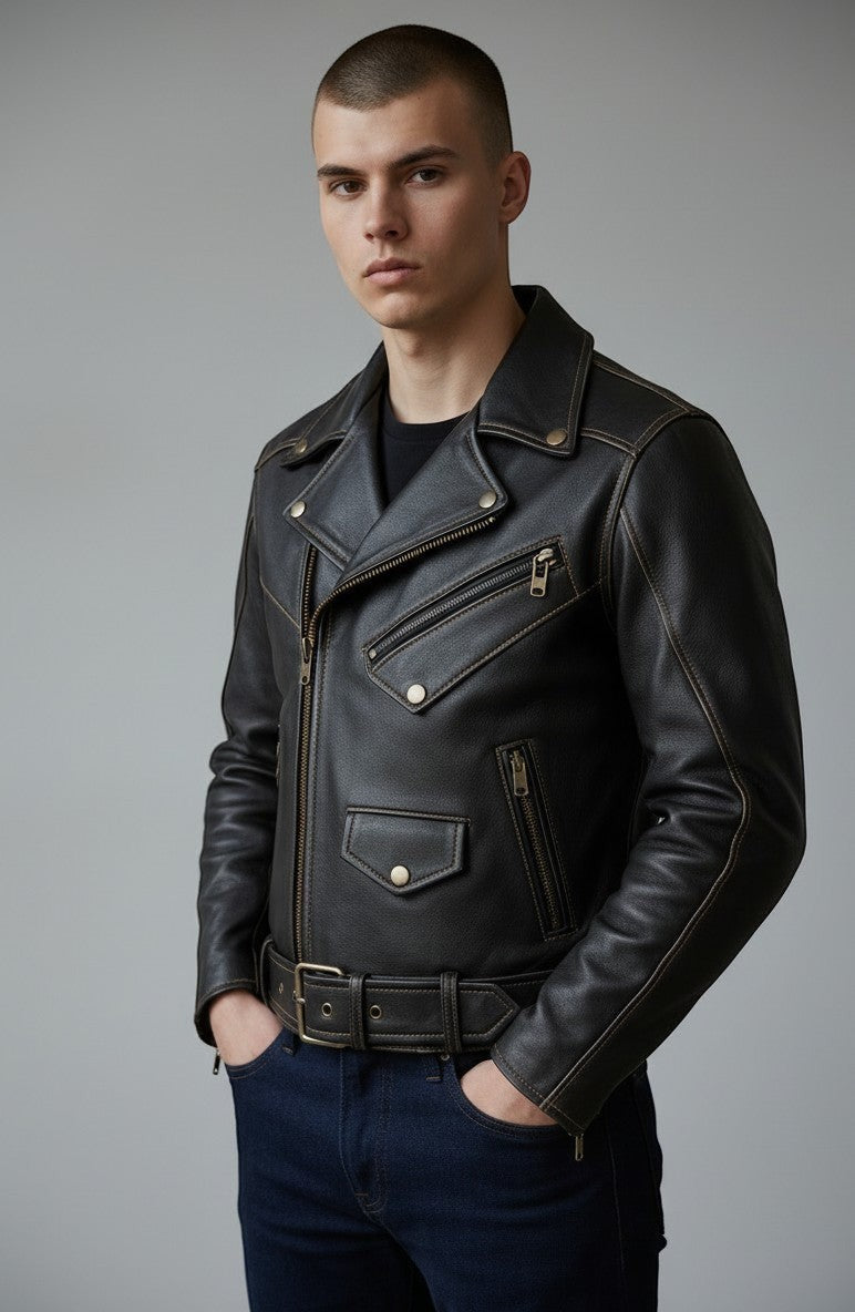 Scarlett Stitch black leather biker jacket with contrast stitching, metal zippers, and waist belt on a male model.