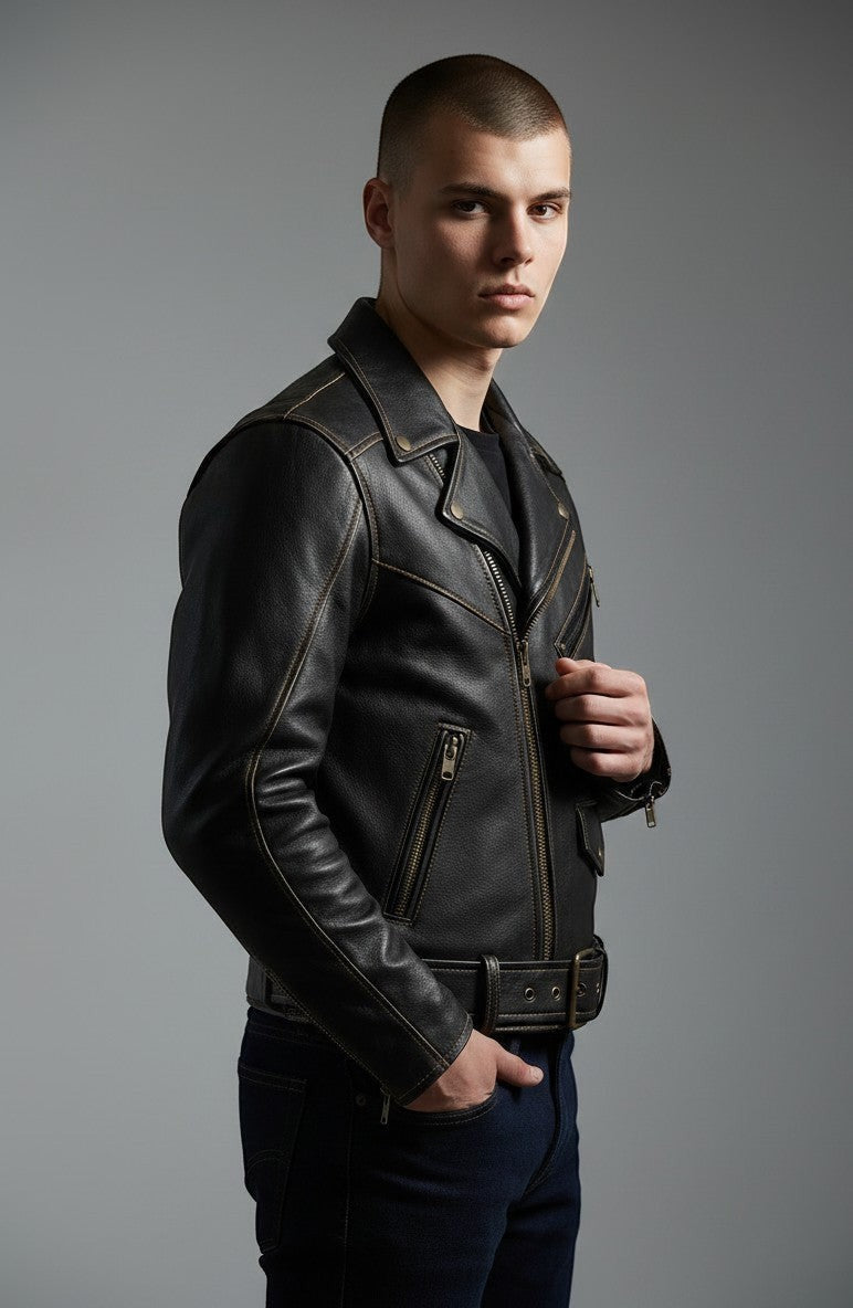 Scarlett Stitch black leather biker jacket with contrast stitching, metal zippers, and waist belt on a male model.
