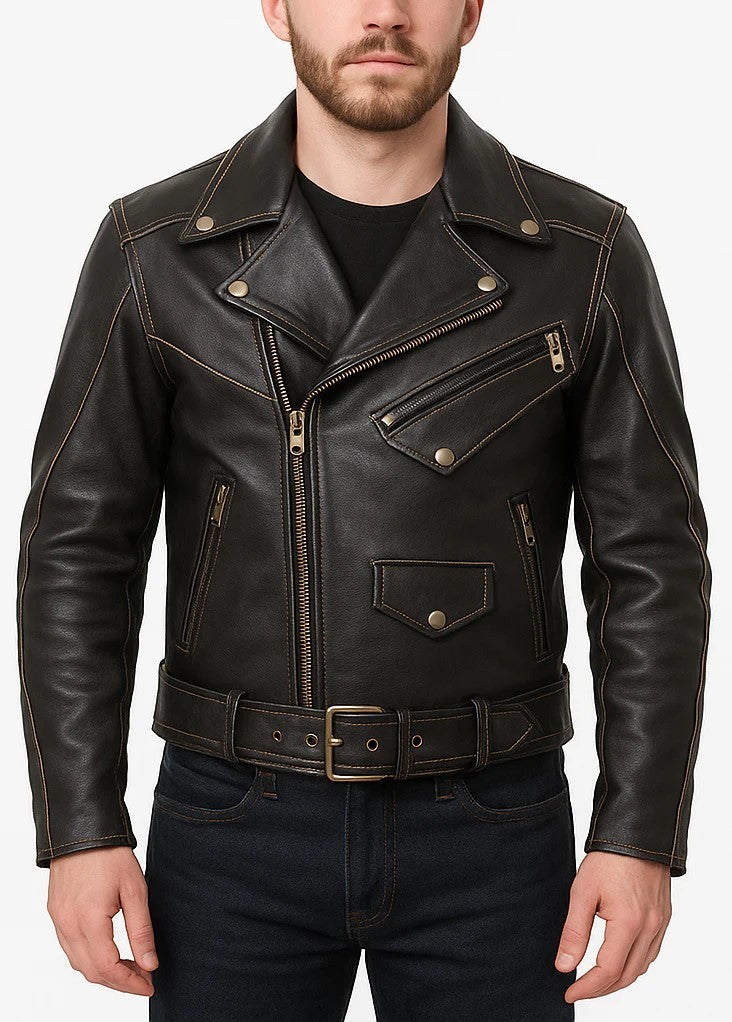 Scarlett Stitch classic black leather biker jacket with contrast stitching, notched lapels, and metal zipper details.