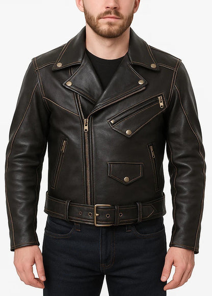 Scarlett Stitch classic black leather biker jacket with contrast stitching, notched lapels, and metal zipper details.
