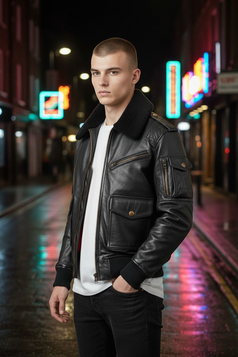 Scarlett Stitch black leather bomber jacket with faux fur collar, ribbed cuffs, and multiple pockets. Worn by a man in a city at night.