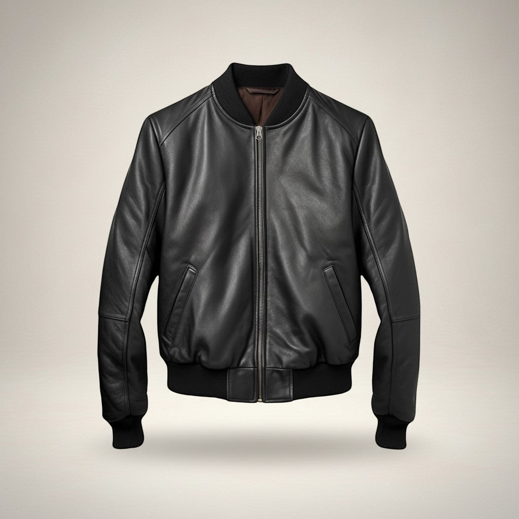 Scarlett Stitch black leather bomber jacket for men with ribbed collar, cuffs, and hem. Features a zip front and side pockets.