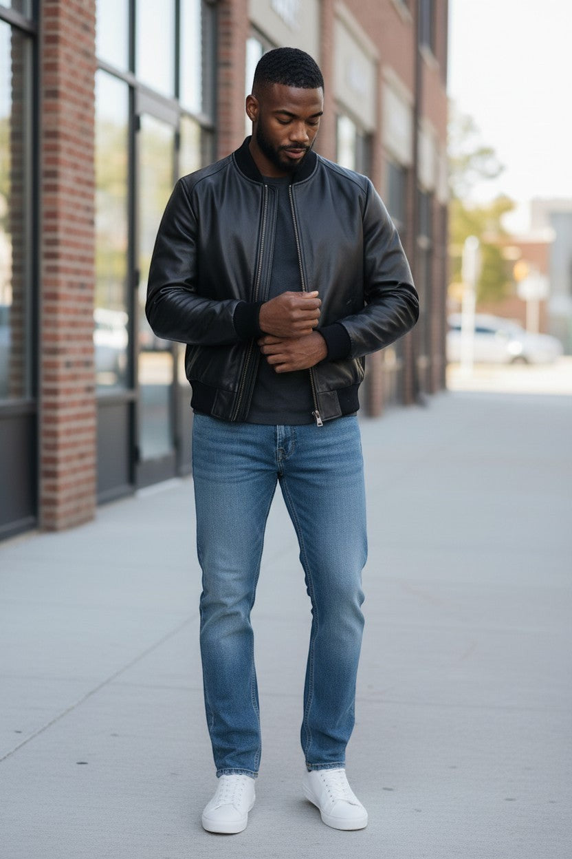 Scarlett Stitch men's black leather bomber jacket with ribbed collar, cuffs, and hem. Model wears it with a grey t-shirt and blue jeans.