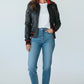 Scarlett Stitch black leather bomber jacket with red ribbed accents on collar, cuffs, and hem. Women's size medium.