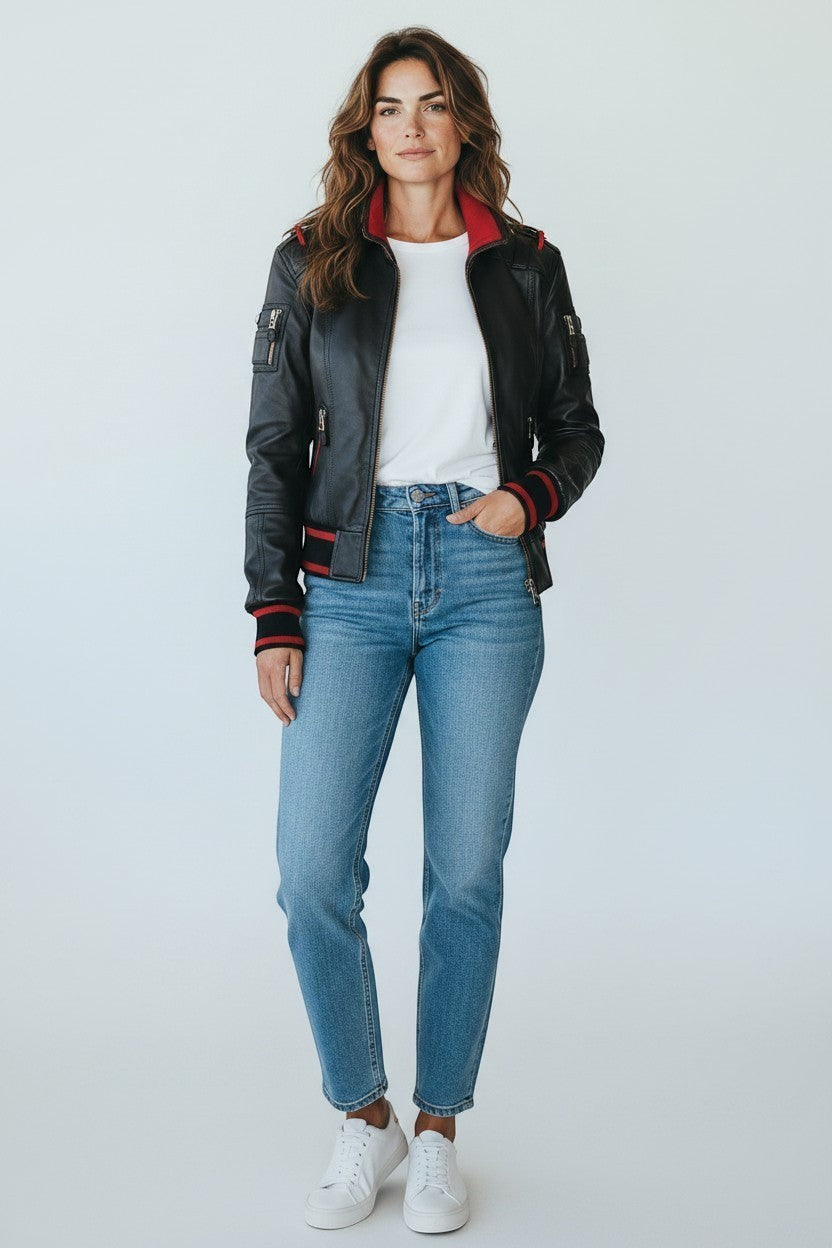 Scarlett Stitch black leather bomber jacket with red ribbed accents on collar, cuffs, and hem. Women's size medium.