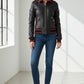 Scarlett Stitch women's black leather bomber jacket with red ribbed collar, cuffs, and hem. Features zip front, zippered pockets, and epaulets.