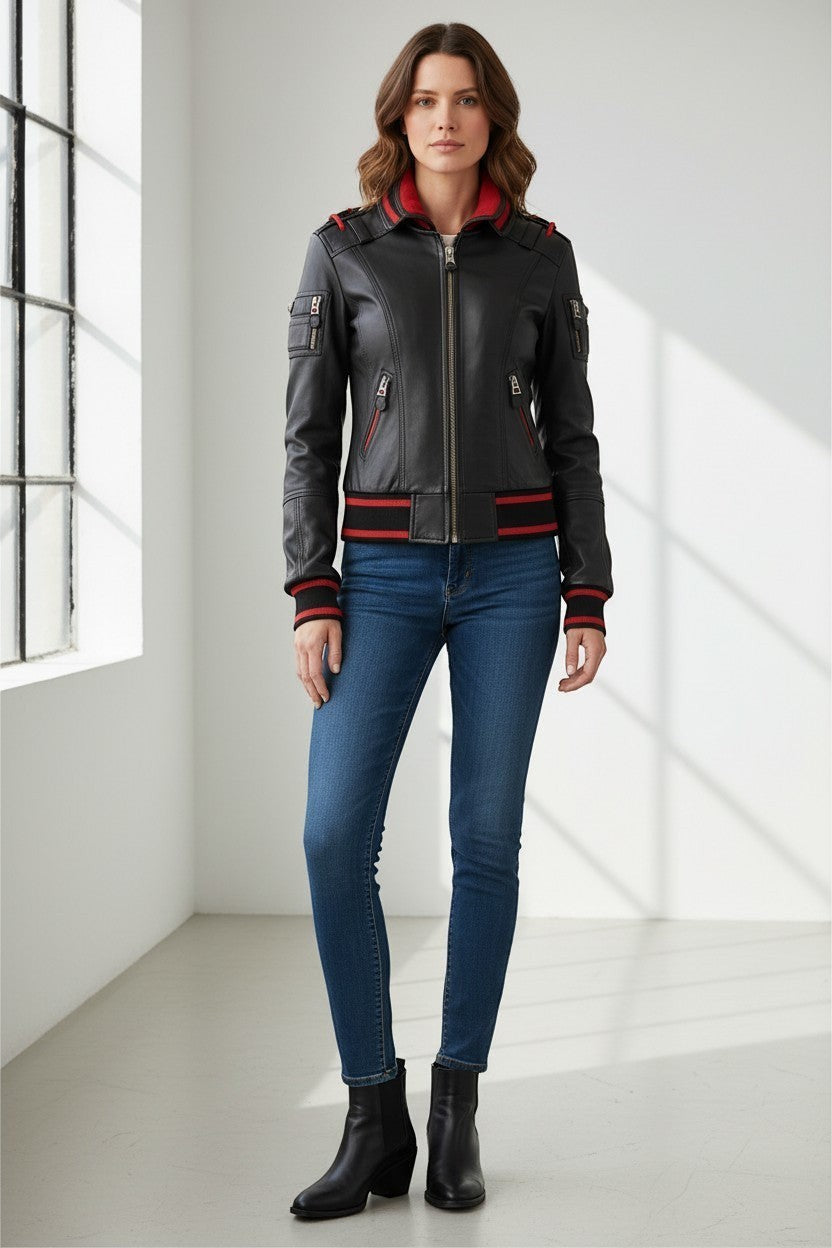 Scarlett Stitch women's black leather bomber jacket with red ribbed collar, cuffs, and hem. Features zip front, zippered pockets, and epaulets.