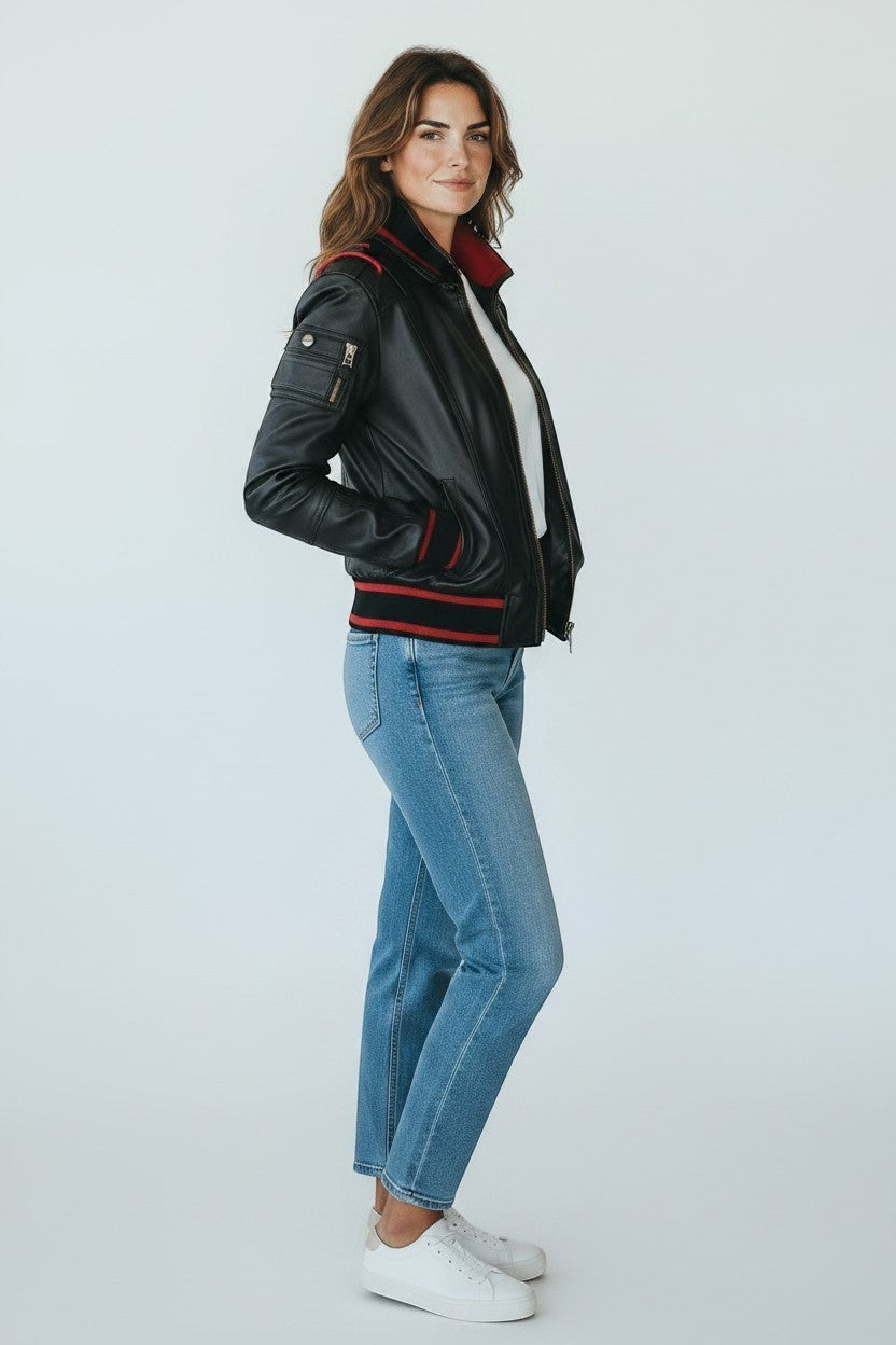 Scarlett Stitch women's black leather bomber jacket with red ribbed accents on collar, cuffs, and hem. Features zip front and pockets.