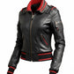 Scarlett Stitch black leather bomber jacket with red ribbed collar, cuffs, and hem. Features zip pockets and epaulets.