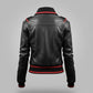 Scarlett Stitch women's black leather bomber jacket with red ribbed accents on collar, cuffs, and hem.