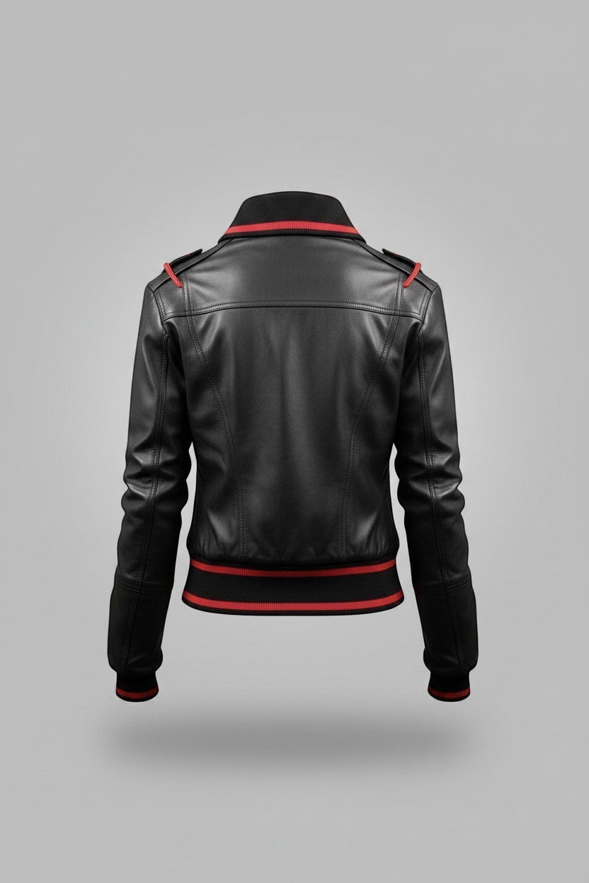 Scarlett Stitch women's black leather bomber jacket with red ribbed accents on collar, cuffs, and hem.