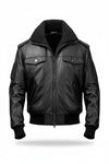Scarlett Stitch black leather bomber jacket with a detachable faux-shearling collar, utility pockets, and ribbed hem.