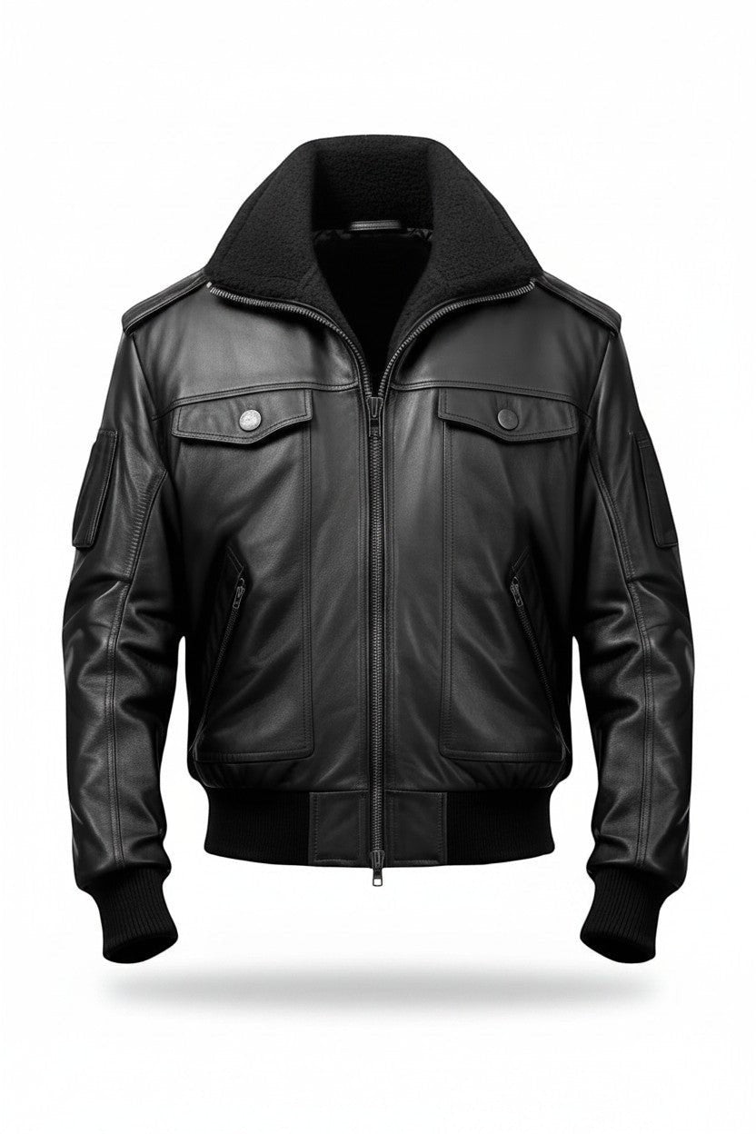 Scarlett Stitch black leather bomber jacket with a detachable faux-shearling collar, utility pockets, and ribbed hem.