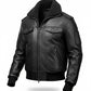 Scarlett Stitch black leather bomber jacket with a detachable faux-shearling collar, utility sleeve pocket, and ribbed trim.