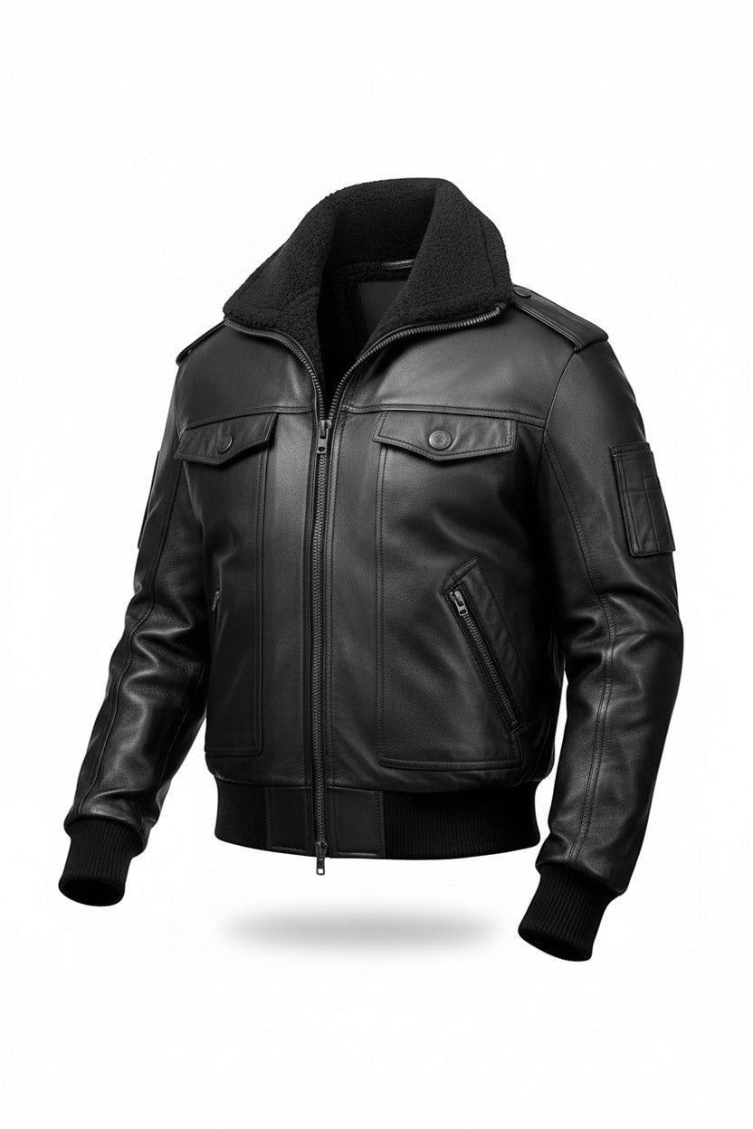 Scarlett Stitch black leather bomber jacket with a detachable faux-shearling collar, utility sleeve pocket, and ribbed trim.