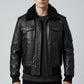 Scarlett Stitch black leather bomber jacket with a detachable faux-shearling collar, utility sleeve pocket, and ribbed cuffs.