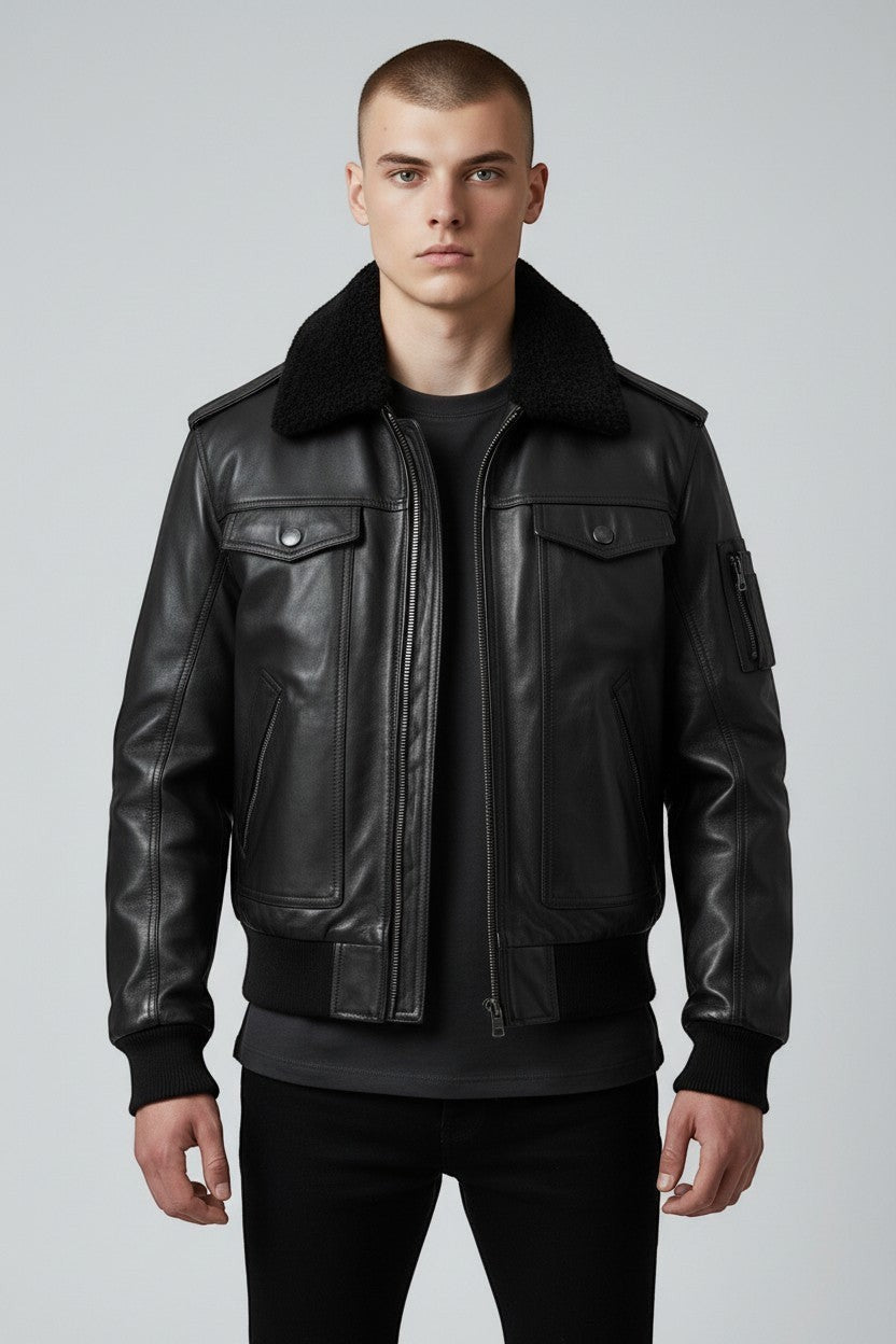 Scarlett Stitch black leather bomber jacket with a detachable faux-shearling collar, utility sleeve pocket, and ribbed cuffs.