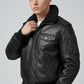 Scarlett Stitch black leather bomber jacket with detachable faux-shearling collar, utility sleeve pocket, and ribbed cuffs