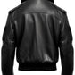 Scarlett Stitch black leather bomber jacket with a detachable faux-shearling collar and ribbed hem, back view.