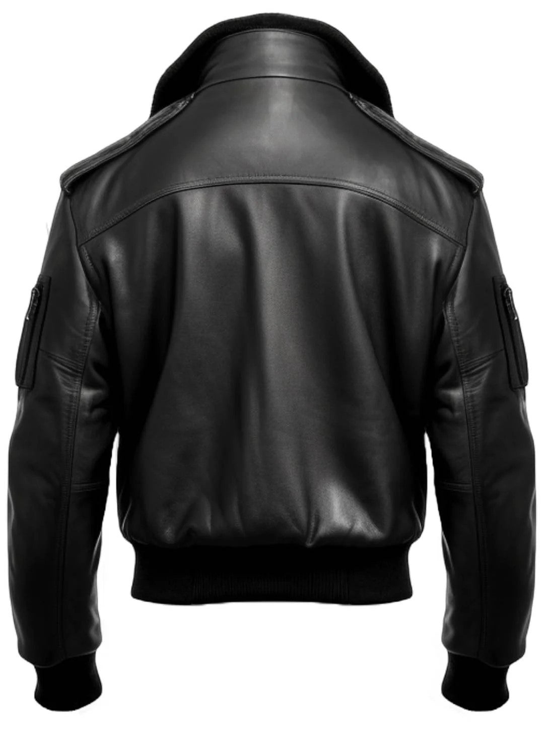 Scarlett Stitch black leather bomber jacket with a detachable faux-shearling collar and ribbed hem, back view.