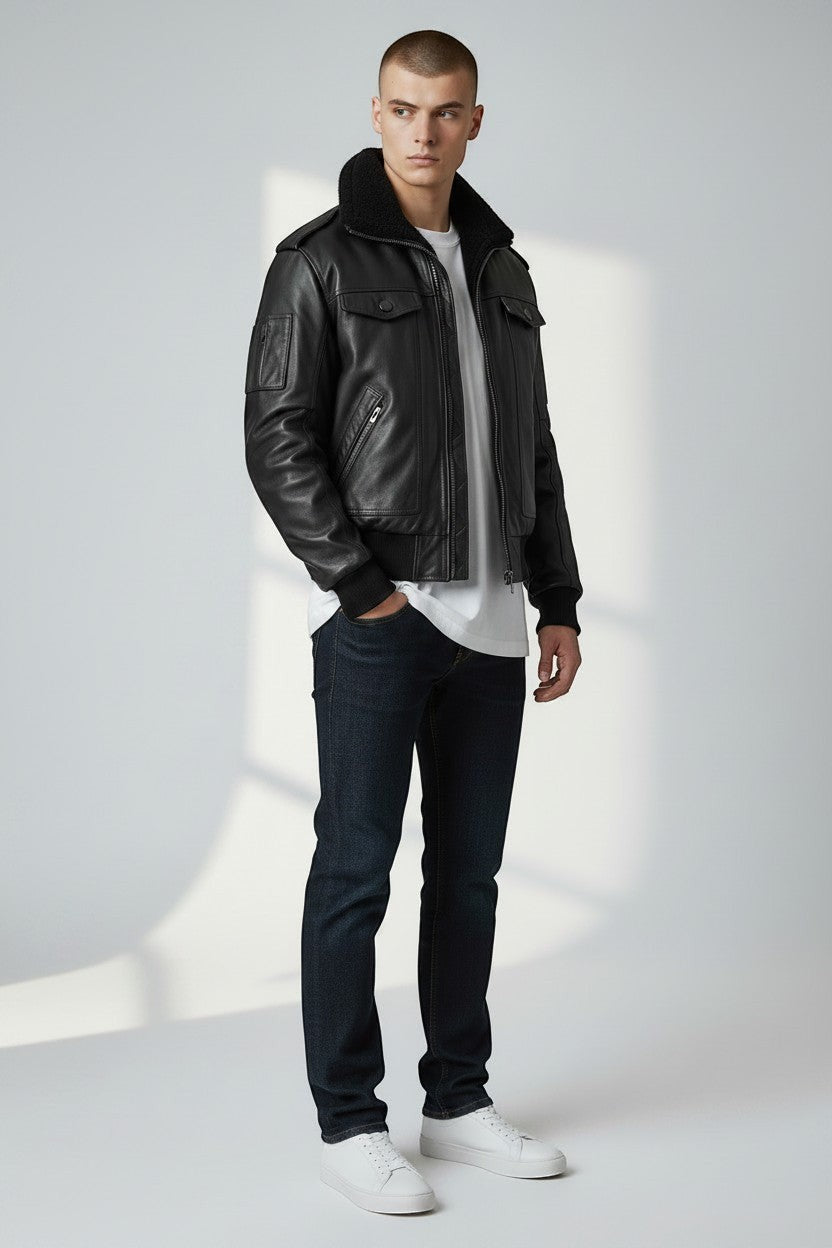 Scarlett Stitch black leather bomber jacket with detachable faux-shearling collar, utility sleeve pocket, and ribbed trim