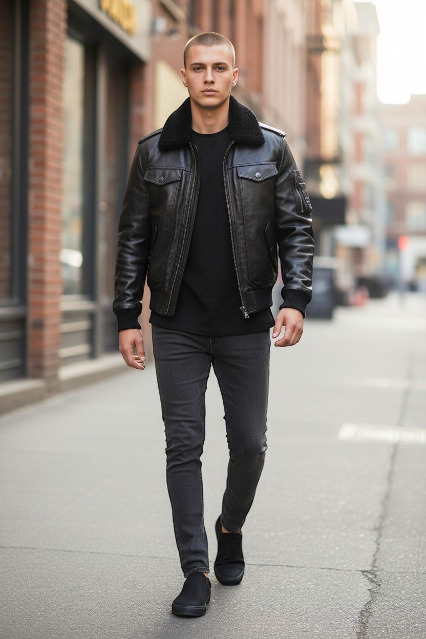 A man wearing a black Scarlett Stitch leather bomber jacket with a faux-shearling collar, black shirt, and grey jeans.