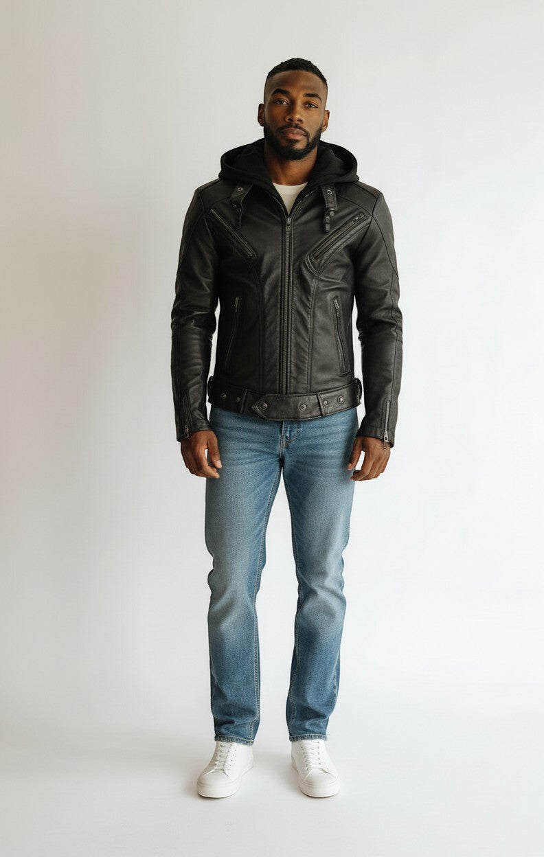 Scarlett Stitch black leather hooded jacket with zipper pockets and cuffs, and a belted waist.