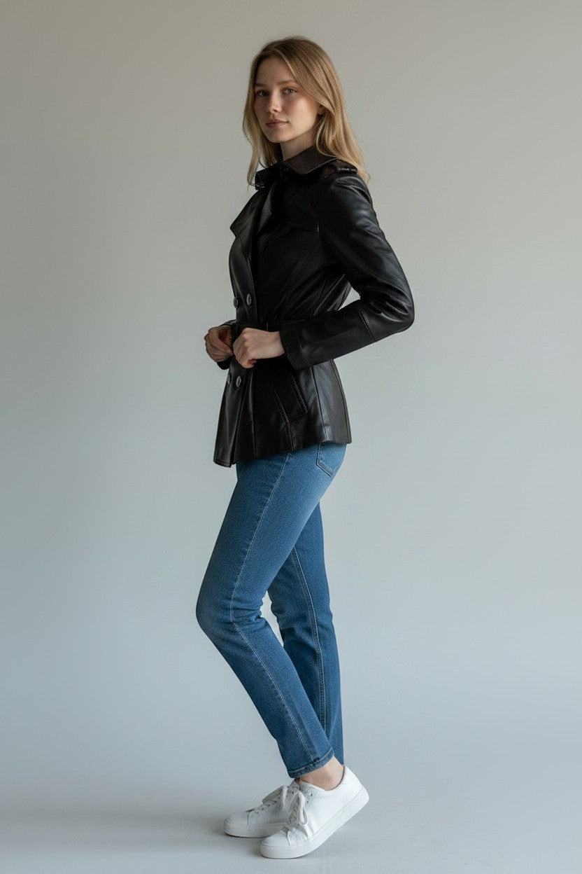 Scarlett Stitch black leather double-breasted jacket with silver buttons and waist belt worn by a blonde model.