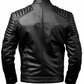 Scarlett Stitch men's black leather motorcycle jacket with quilted shoulder panels, back view