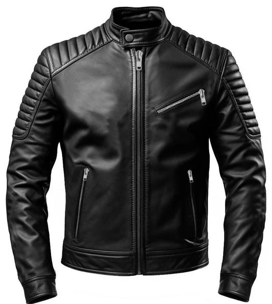 Scarlett Stitch men's black leather motorcycle jacket with quilted shoulder panels, mandarin collar, and zip pockets.