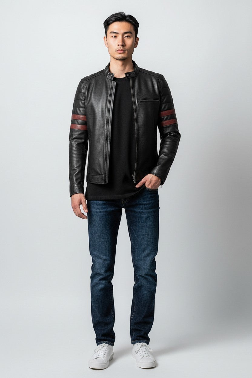 A man wearing a Scarlett Stitch black leather motorcycle jacket with red sleeve stripes, dark jeans, and white sneakers.