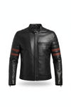 Scarlett Stitch men's black leather motorcycle jacket with red sleeve stripes, stand-up collar, and zippered pockets.