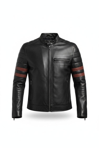 Scarlett Stitch men's black leather motorcycle jacket with red sleeve stripes, stand-up collar, and zippered pockets.