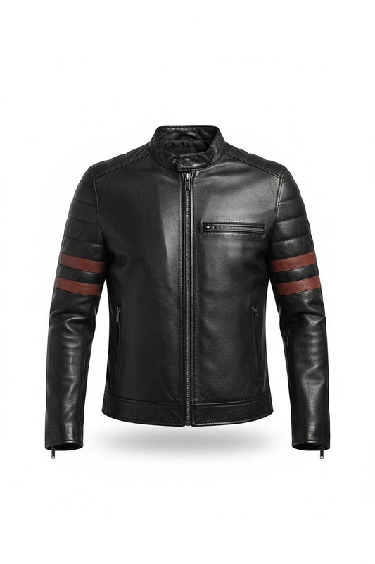 Scarlett Stitch men's black leather motorcycle jacket with red sleeve stripes, stand-up collar, and zippered pockets.