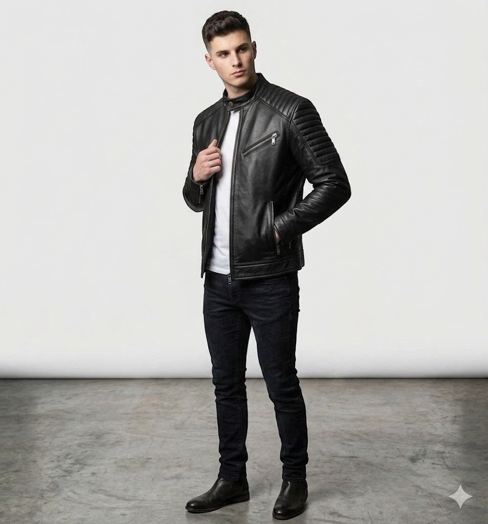 Scarlett Stitch men's black leather motorcycle jacket with quilted shoulders and mandarin collar on a male model.