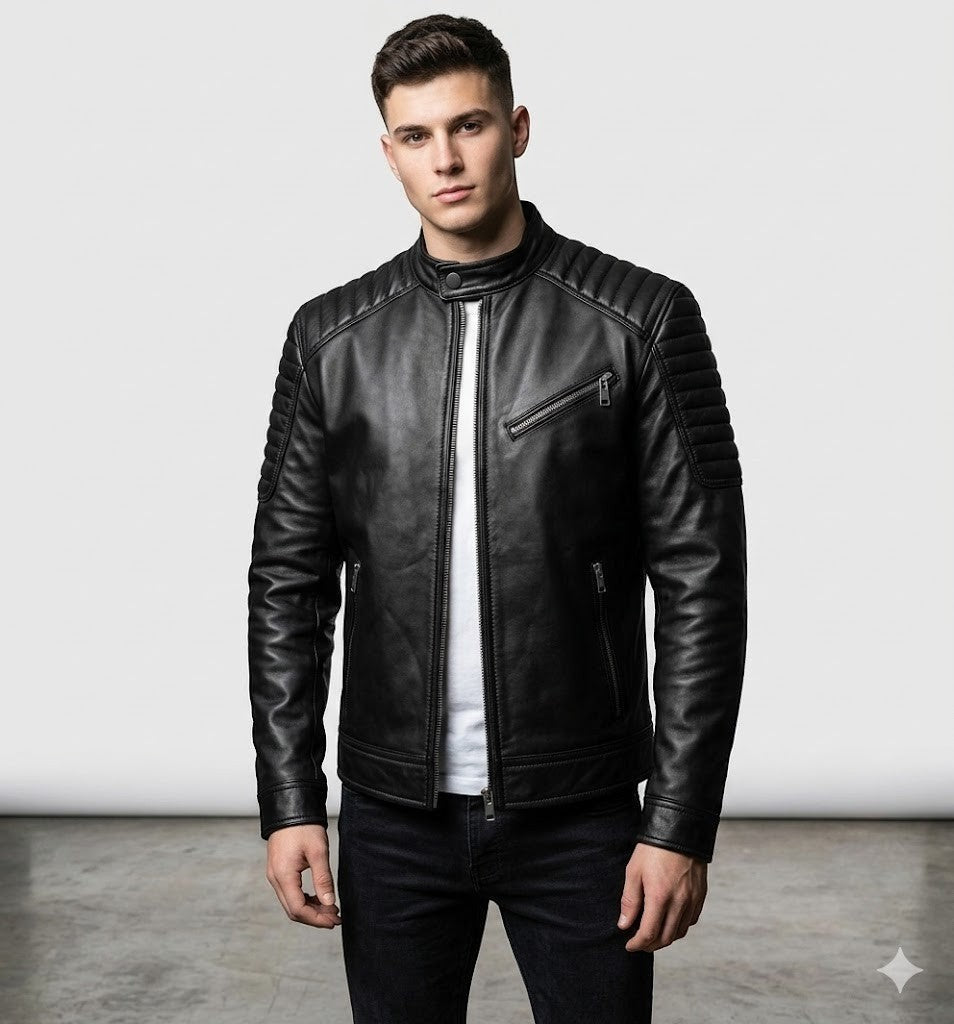 Scarlett Stitch men's black leather motorcycle jacket with quilted shoulder panels and mandarin collar on a model.