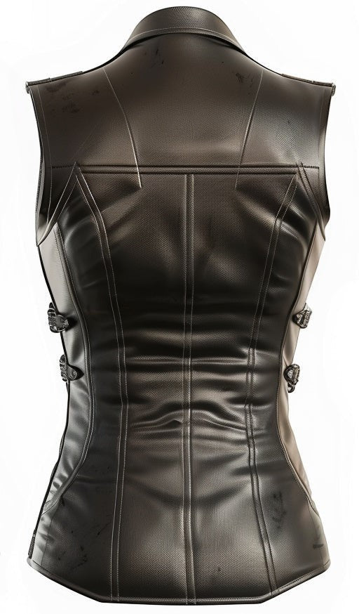 Scarlett Stitch black leather motorcycle vest with lapel collar and side buckle straps.