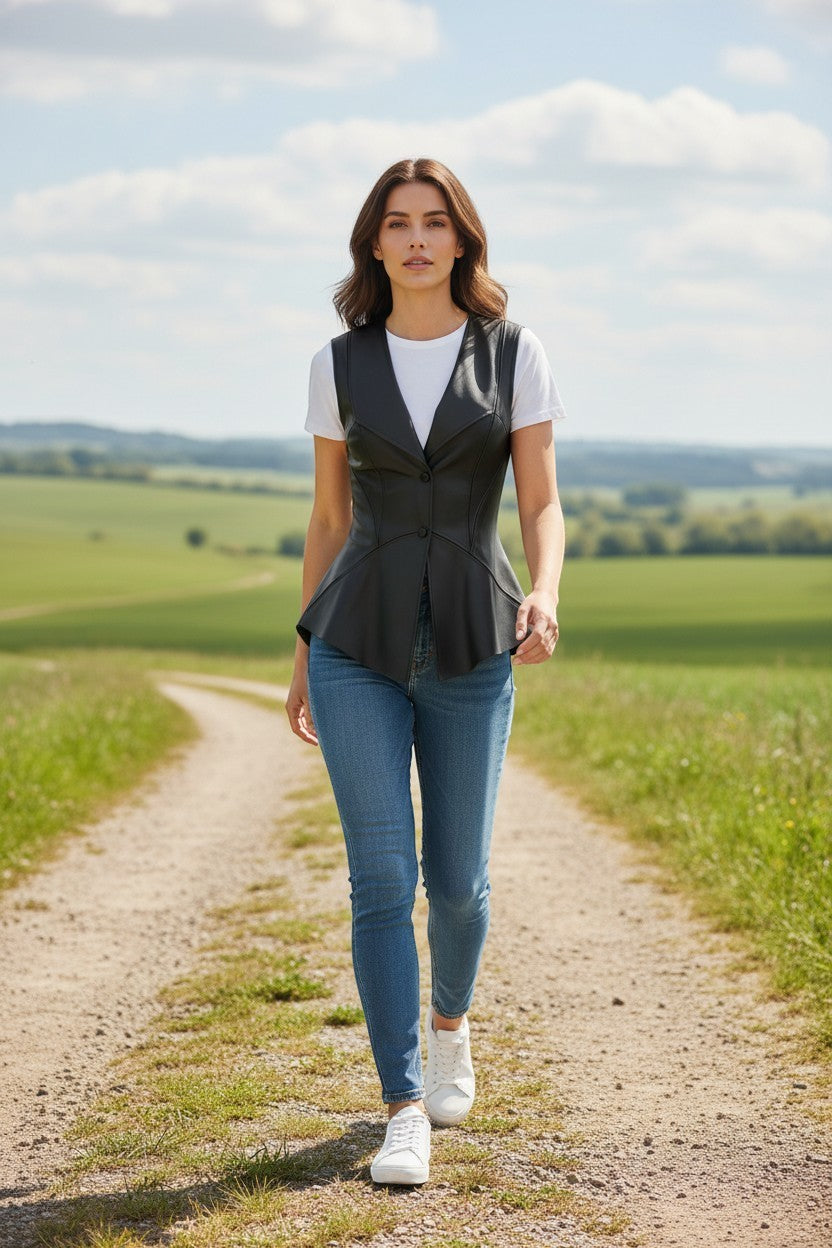 Scarlett Stitch black leather peplum vest with notched lapel and single-button closure, worn over a white tee and jeans.