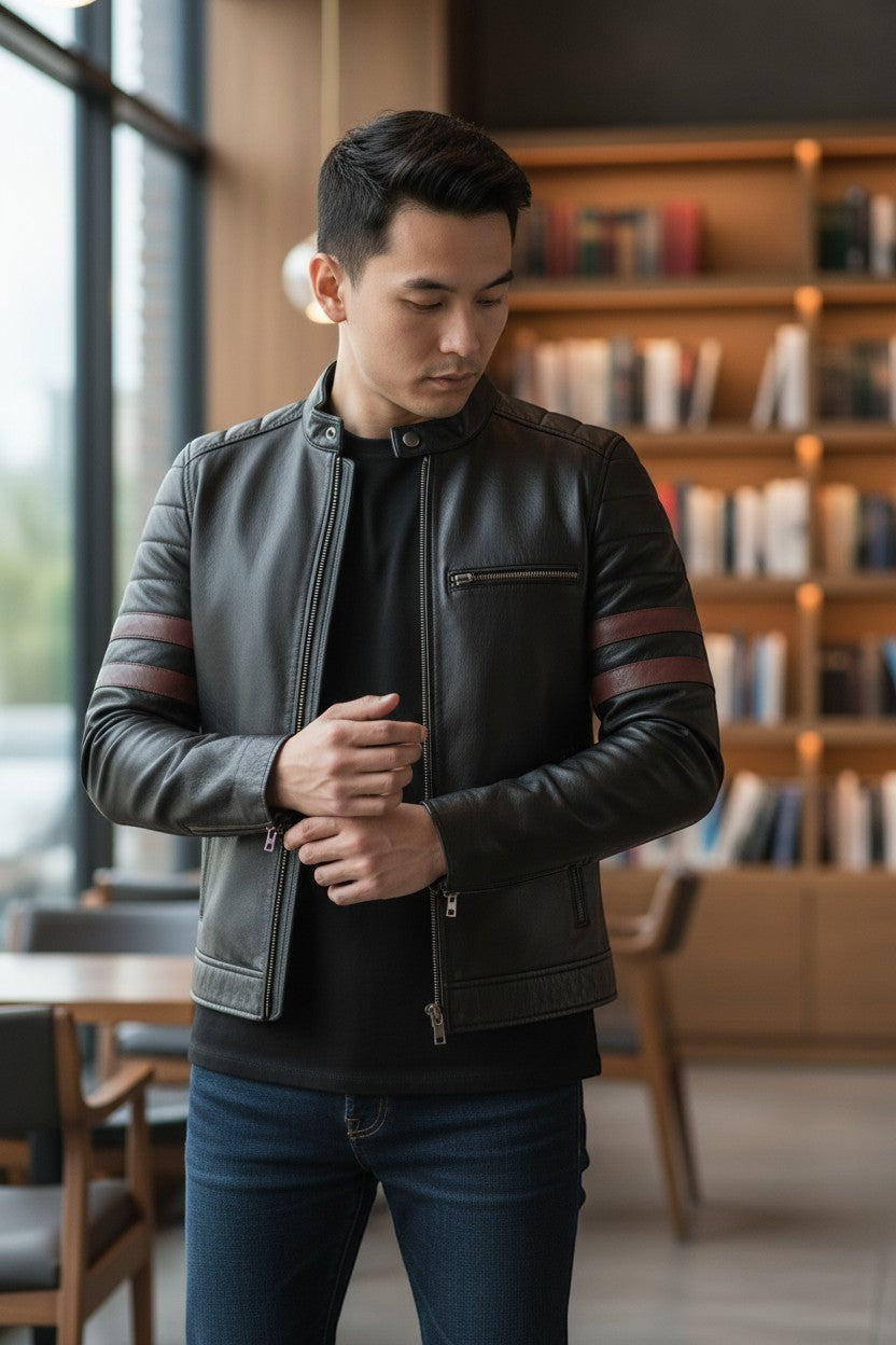 Scarlett Stitch men's black leather racer jacket with red sleeve stripes, stand-up collar, and zippered cuffs.