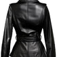 Back view of a black Scarlett Stitch leather trench jacket with a belted waist, tailored fit, and shoulder epaulettes.