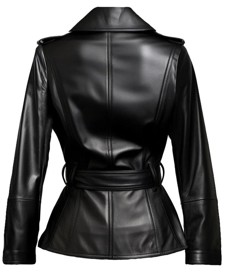 Back view of a black Scarlett Stitch leather trench jacket with a belted waist, tailored fit, and shoulder epaulettes.